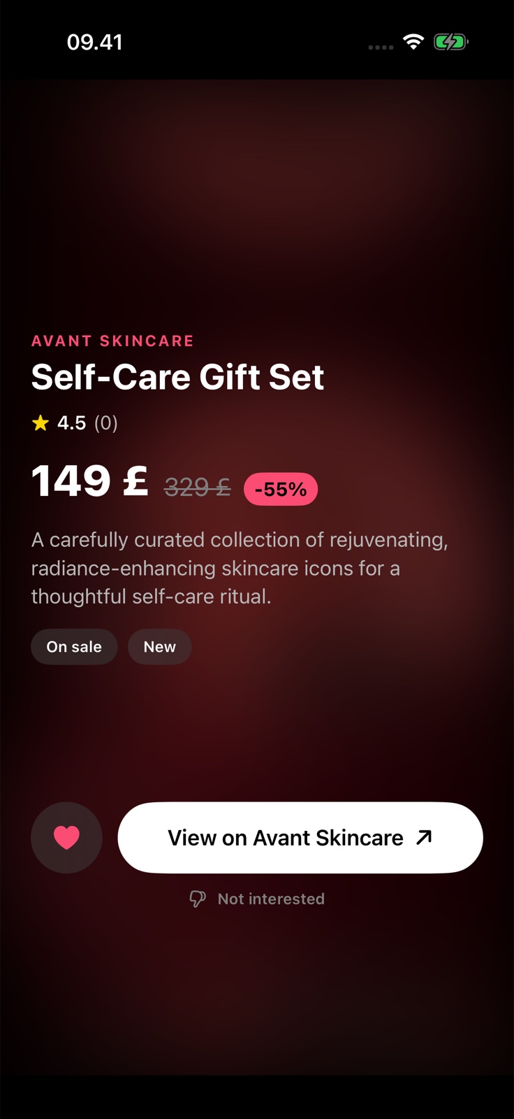 The real Yearn product detail screen, showing product ratings, pricing, tags, save control, and retailer link.