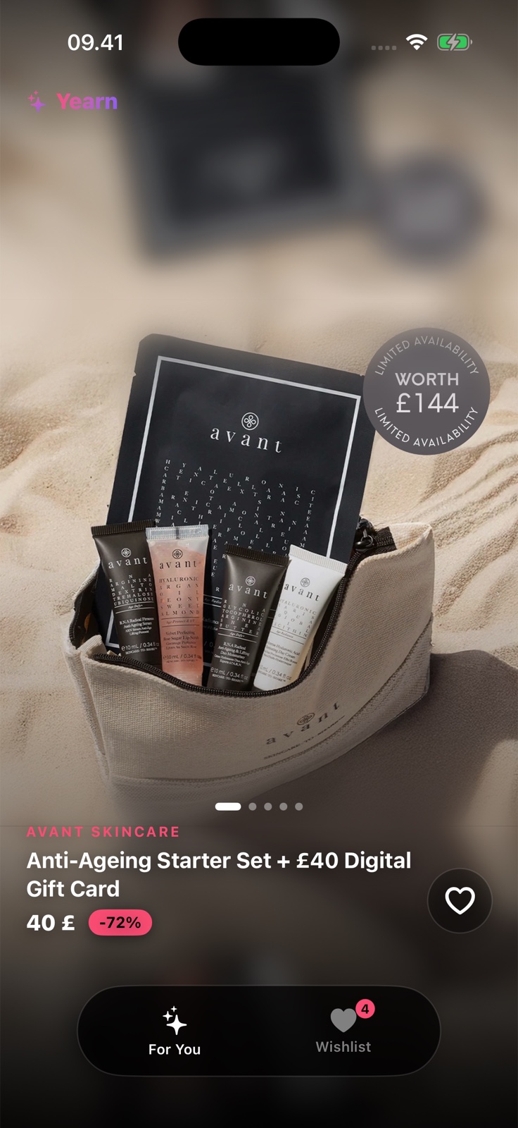 The real Yearn product feed showing an Avant Skincare gift set, pricing, a save control, and the floating wishlist tab.